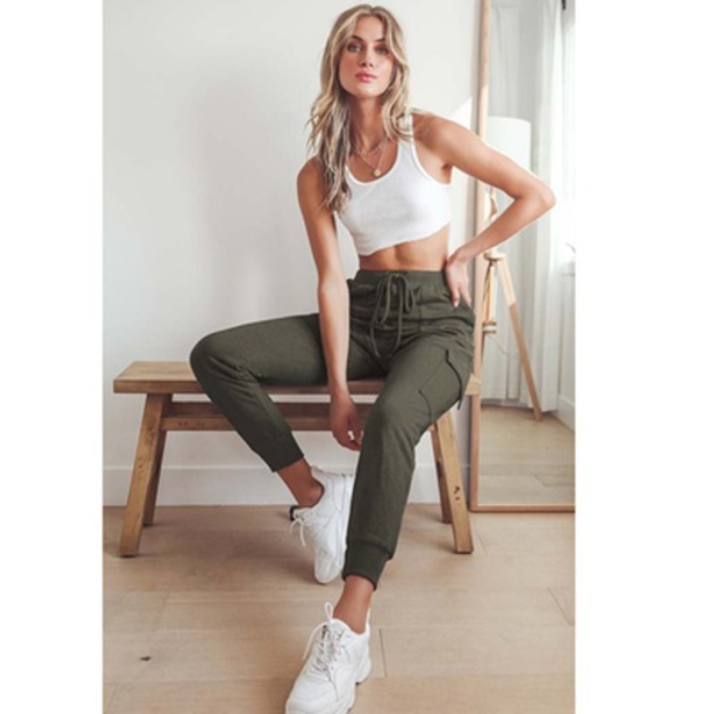 Lulus Cargo Jogger Pants Womens Small Army Green Drawstring Pocket Casual NEW